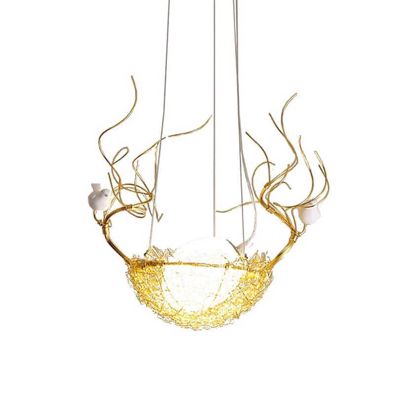 Suspension de plafond suspendue en forme d'œuf Art déco en verre blanc lait, lustre doré à 1 lumière avec oiseaux blancs e...