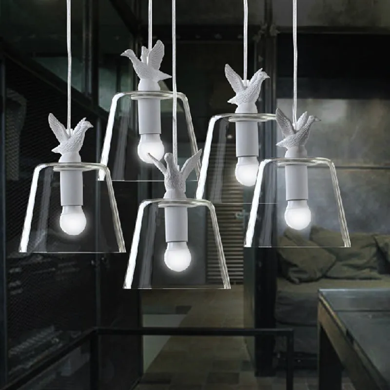 Suspension seau en verre transparent avec restaurant d'oiseaux, 1 lumière, suspension moderne en blanc Clearhalo