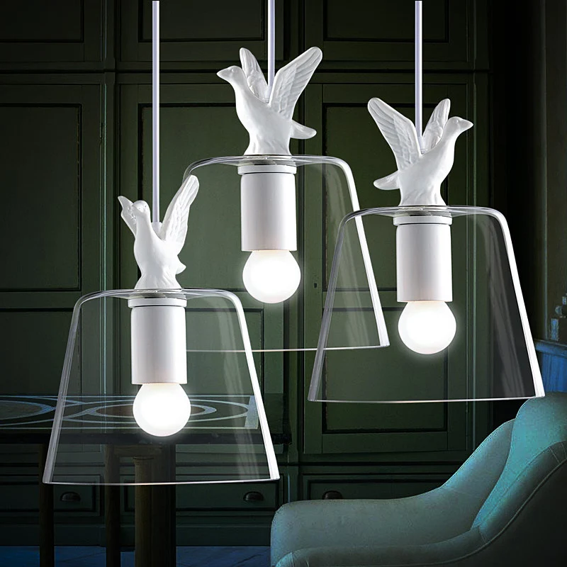 Suspension seau en verre transparent avec restaurant d'oiseaux, 1 lumière, suspension moderne en blanc Clearhalo