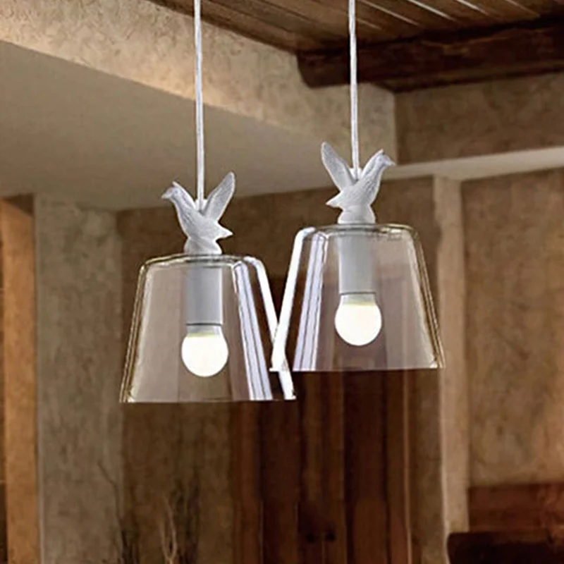 Suspension seau en verre transparent avec restaurant d'oiseaux, 1 lumière, suspension moderne en blanc Clearhalo