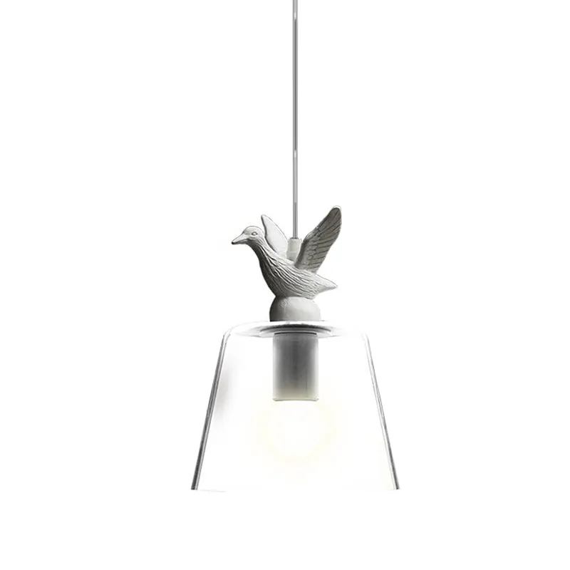 Suspension seau en verre transparent avec restaurant d'oiseaux, 1 lumière, suspension moderne en blanc Clearhalo