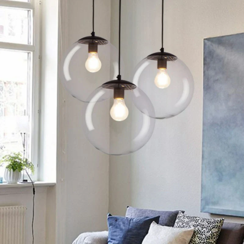 Suspension sphérique Simplicity Verre Transparent 1 Ampoule Luminaire Suspendu Noir Clearhalo