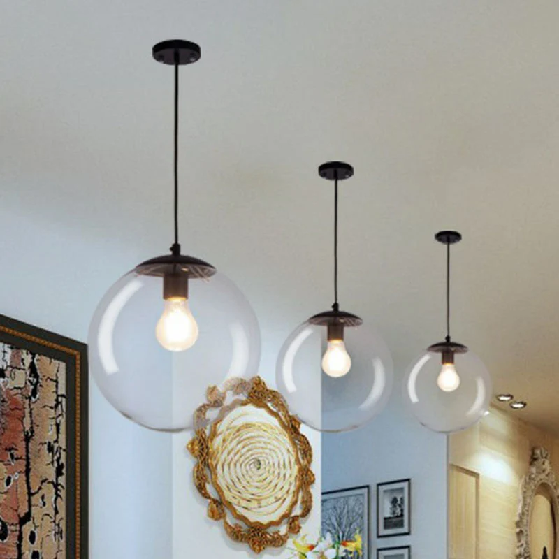 Suspension sphérique Simplicity Verre Transparent 1 Ampoule Luminaire Suspendu Noir Clearhalo