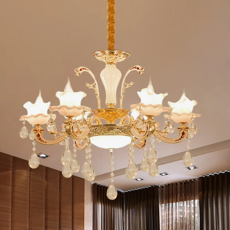 Suspension de table à manger à garniture à volants en verre rose traditionnel 6 lumières luminaire suspendu en or Clearhalo