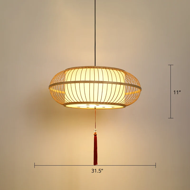 Suspension Tambour Plafonnier Bambou Asiatique 1 Lumière Beige Suspension avec Noeud Pompon Clearhalo
