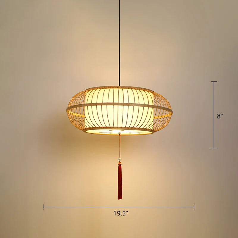 Suspension Tambour Plafonnier Bambou Asiatique 1 Lumière Beige Suspension avec Noeud Pompon Clearhalo