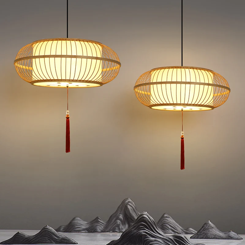 Suspension Tambour Plafonnier Bambou Asiatique 1 Lumière Beige Suspension avec Noeud Pompon Clearhalo