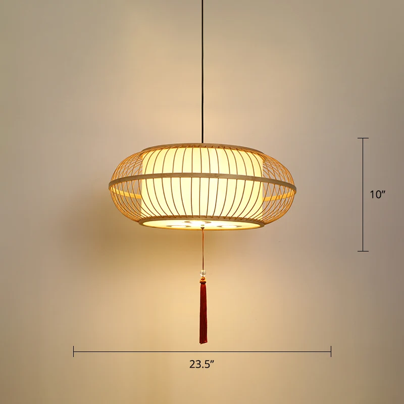 Suspension Tambour Plafonnier Bambou Asiatique 1 Lumière Beige Suspension avec Noeud Pompon Clearhalo