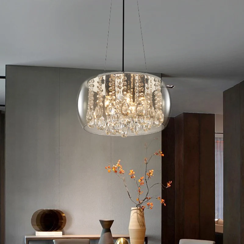 Tambour salle à manger lustre éclairage Style Simple goutte de cristal 3 têtes lampe à Suspension avec abat-jour en verre...