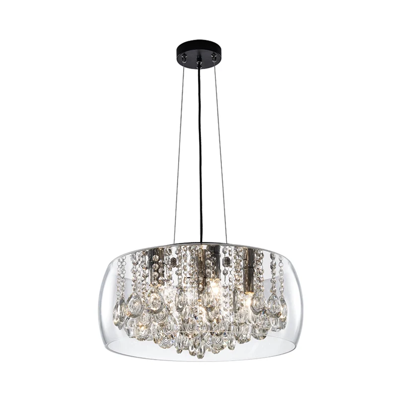 Tambour salle à manger lustre éclairage Style Simple goutte de cristal 3 têtes lampe à Suspension avec abat-jour en verre...