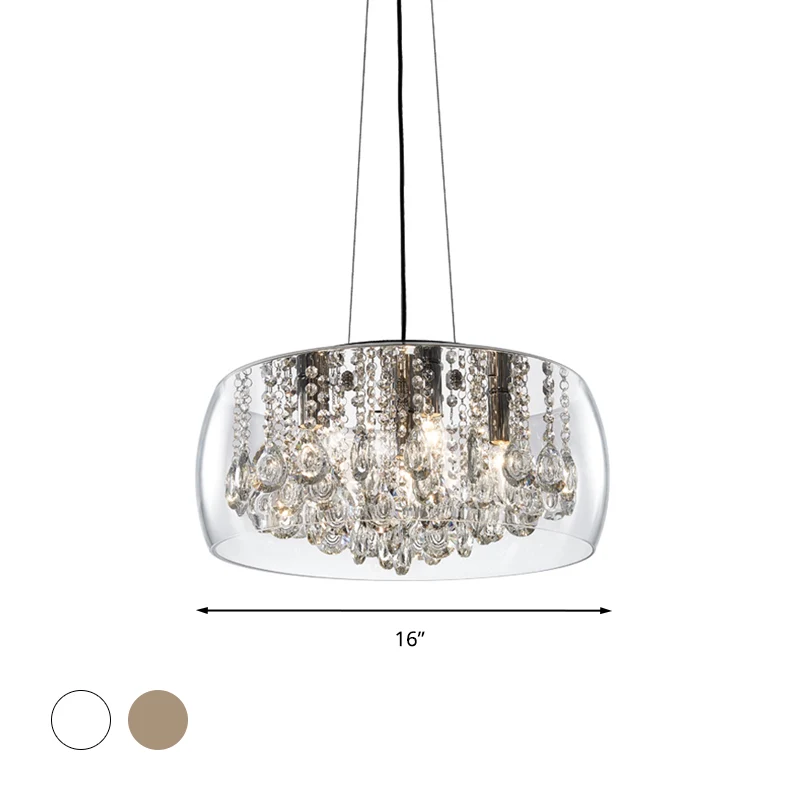 Tambour salle à manger lustre éclairage Style Simple goutte de cristal 3 têtes lampe à Suspension avec abat-jour en verre...