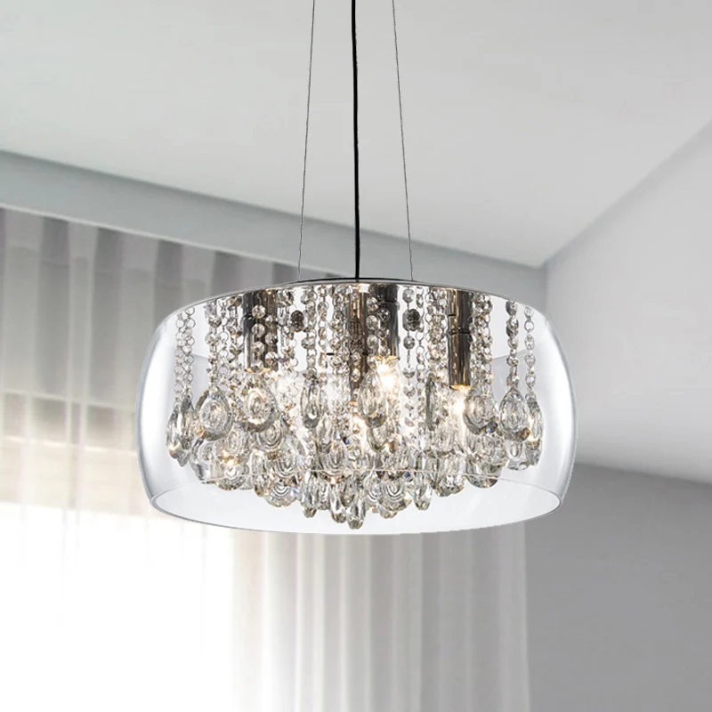Tambour salle à manger lustre éclairage Style Simple goutte de cristal 3 têtes lampe à Suspension avec abat-jour en verre...