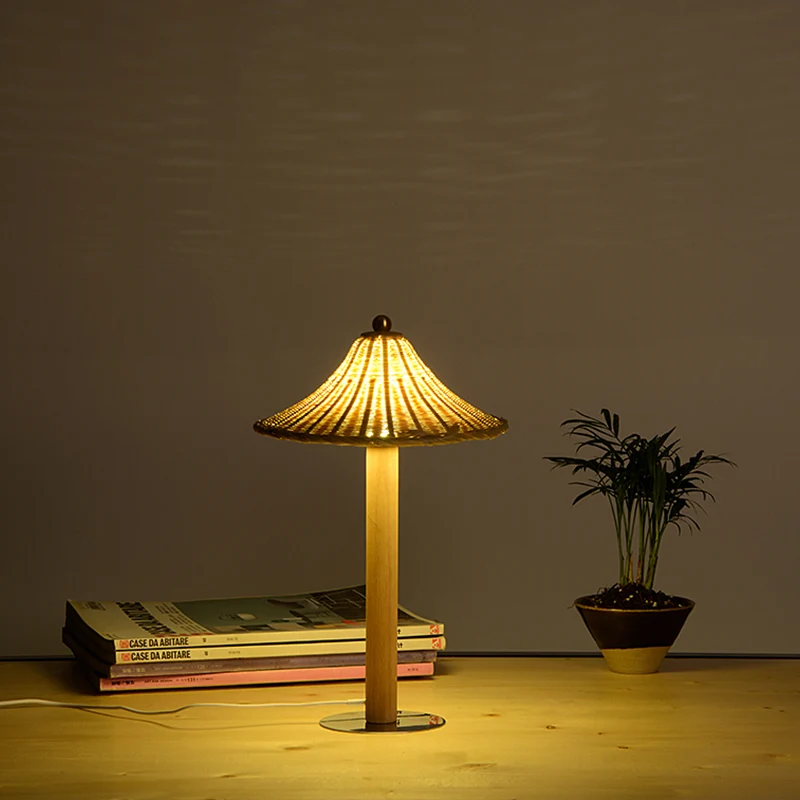 1 tête de chambre à coucher, éclairage de travail, petite lampe de bureau en bois chinois avec abat-jour en bambou en form...