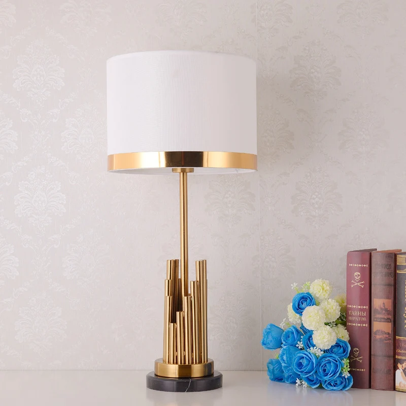 1 tête de chambre à coucher éclairage de travail petite lampe de bureau moderne en or avec abat-jour en tissu cylindrique...