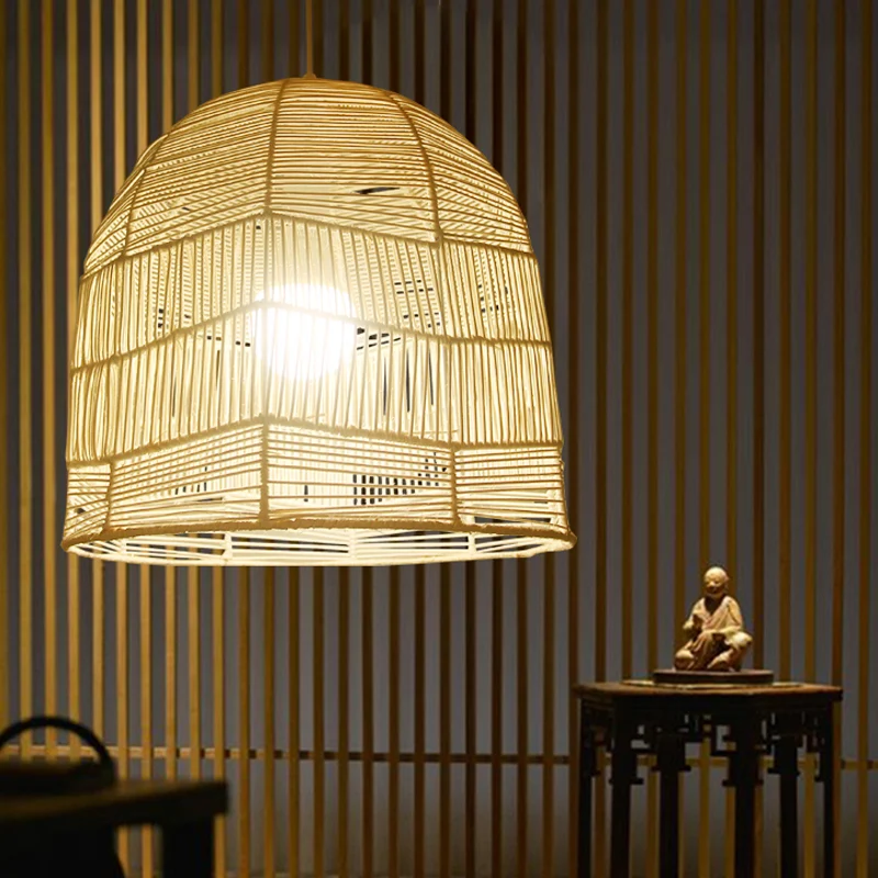 1 tête panier pendentif éclairage chinois bambou plafond suspension en bois pour restaurant Clearhalo