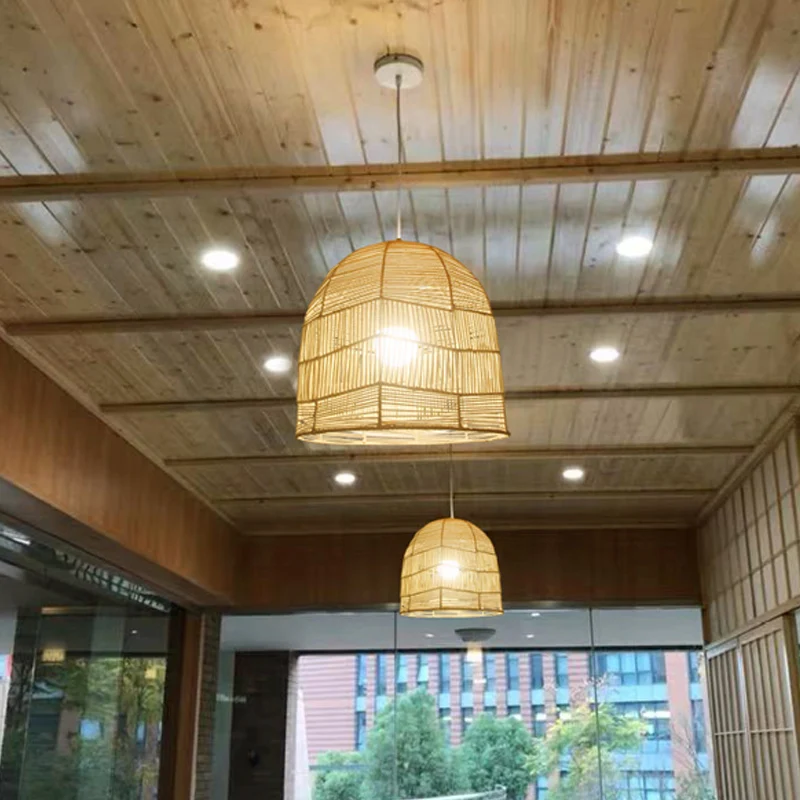 1 tête panier pendentif éclairage chinois bambou plafond suspension en bois pour restaurant Clearhalo