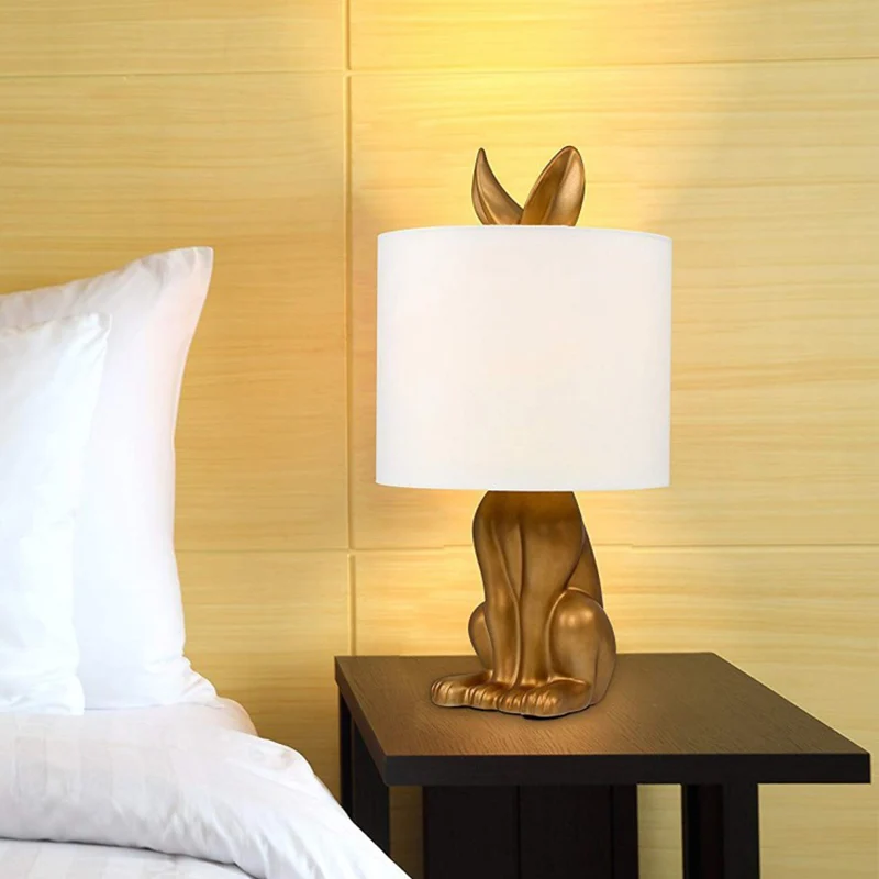 1 tête veilleuse ferme cylindre tambour tissu lampe de table de nuit en or avec motif lapin Clearhalo