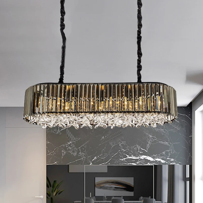 6 têtes trois faces cristal suspension moderne gris fumée ovale salle à manger île plafonnier Clearhalo