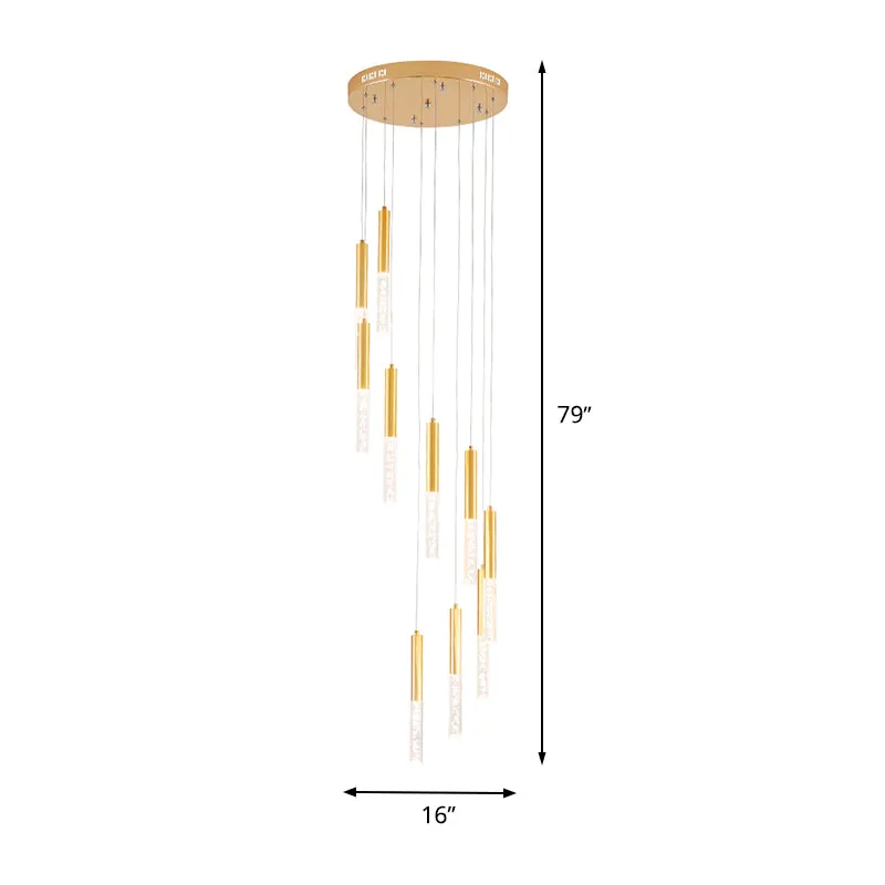 Tube mince doré suspendu, éclairage moderne en acrylique, 10 lumières, lustre multi-lumière pour escalier Clearhalo