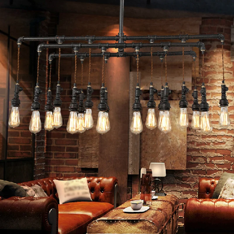 Tuyau de plomberie industriel LED lampe suspendue fer île lustre lumière en noir pour Restaurant Clearhalo