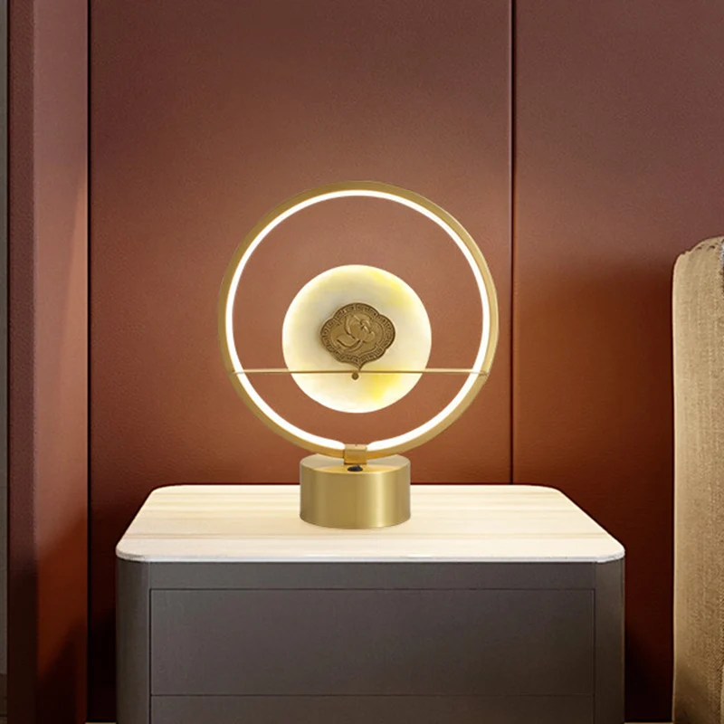 Veilleuse annulaire de Style nordique, éclairage de Table de chevet à LED métallique avec intérieur en jadéite rond en or...