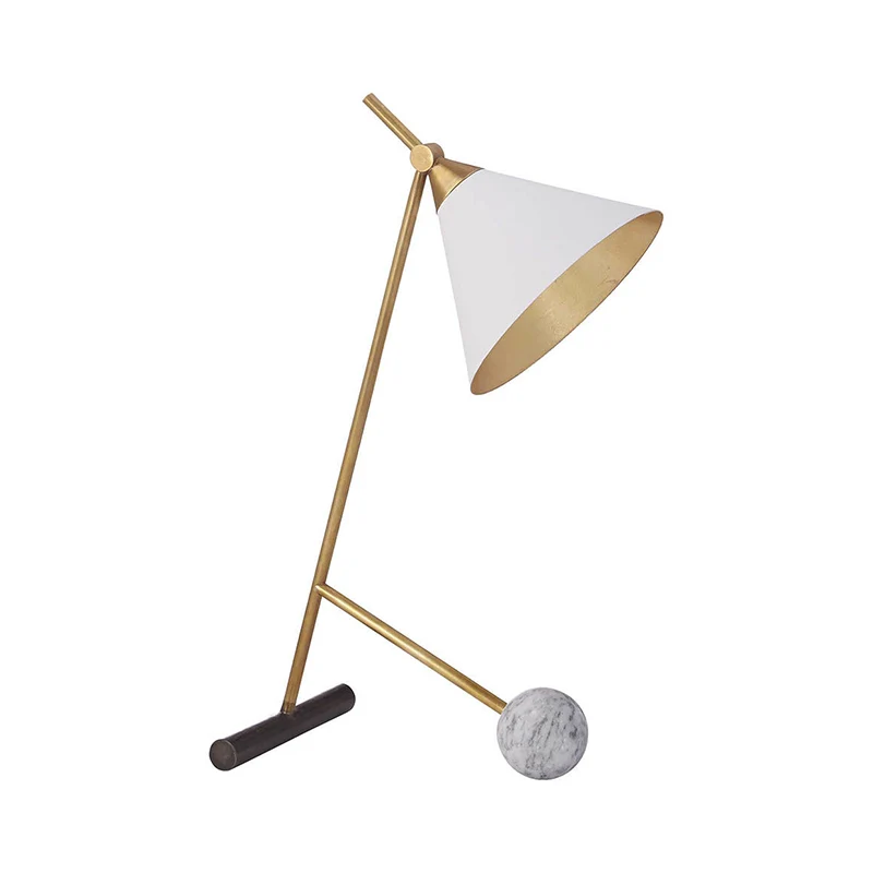 Veilleuse conique blanche et laiton postmoderne, lampe de table à 2 pieds en métal à 1 tête pour chambre à coucher Clearhalo