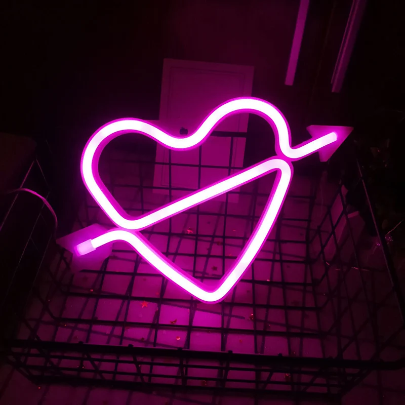 Veilleuse LED néon en plastique, cœur et flèche, éclairage mural alimenté par batterie pour chambre à coucher, blanc Clear...