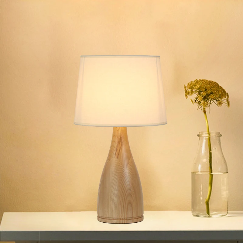 Veilleuse à tambour conique, éclairage de table de chevet simple en tissu minimal avec socle de vase en bois Clearhalo
