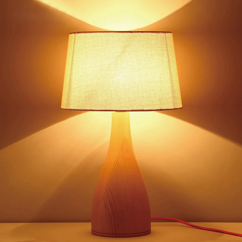 Veilleuse à tambour conique, éclairage de table de chevet simple en tissu minimal avec socle de vase en bois Clearhalo