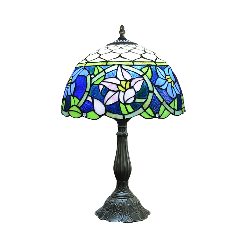 Veilleuse en verre bleu jonquilles, éclairage de table méditerranéen à 1 ampoule, bronze avec élément en écailles de poiss...