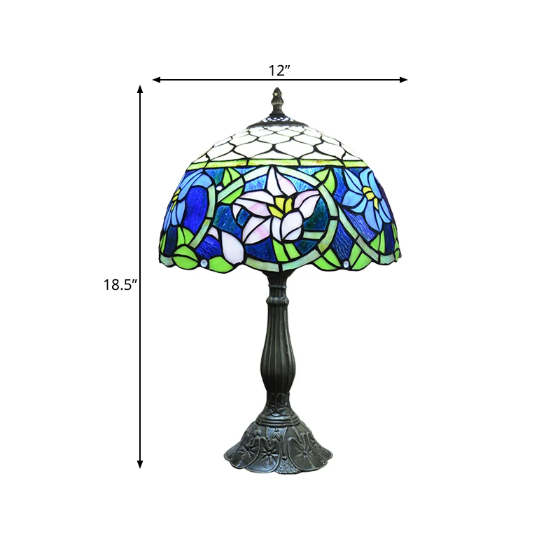 Veilleuse en verre bleu jonquilles, éclairage de table méditerranéen à 1 ampoule, bronze avec élément en écailles de poiss...