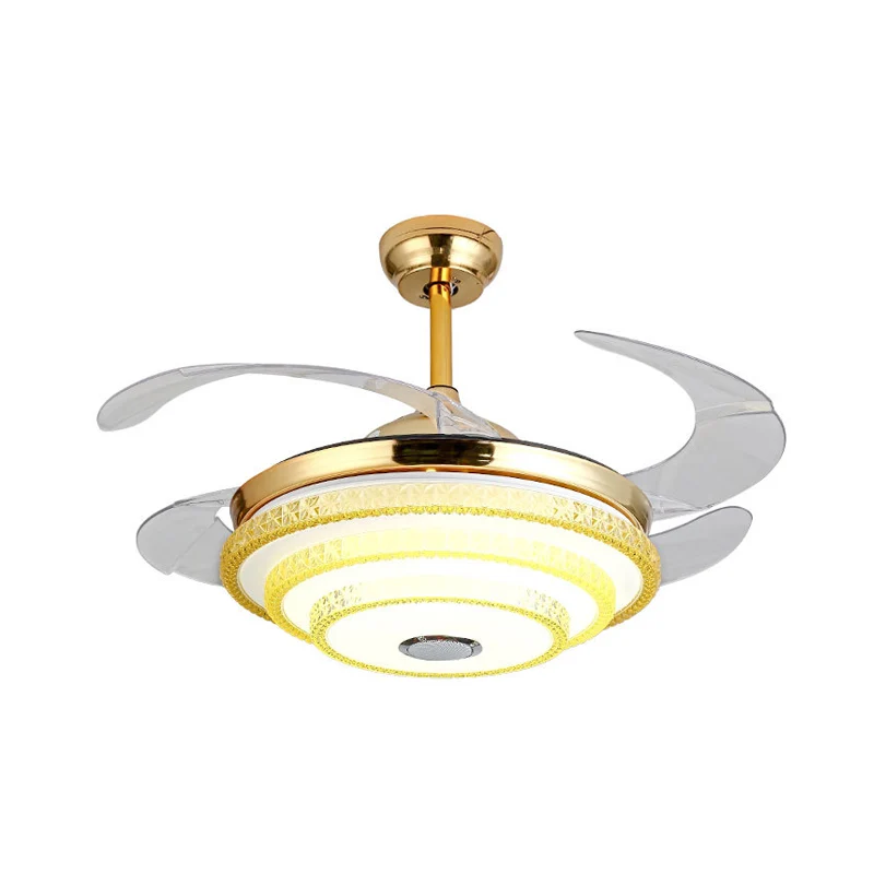 Ventilateur conique incrusté de cristal moderne LED doré semi-monté avec haut-parleur Bluetooth et télécommande/commande m...