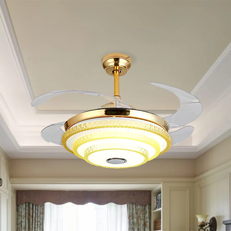 Ventilateur conique incrusté de cristal moderne LED doré semi-monté avec haut-parleur Bluetooth et télécommande/commande m...