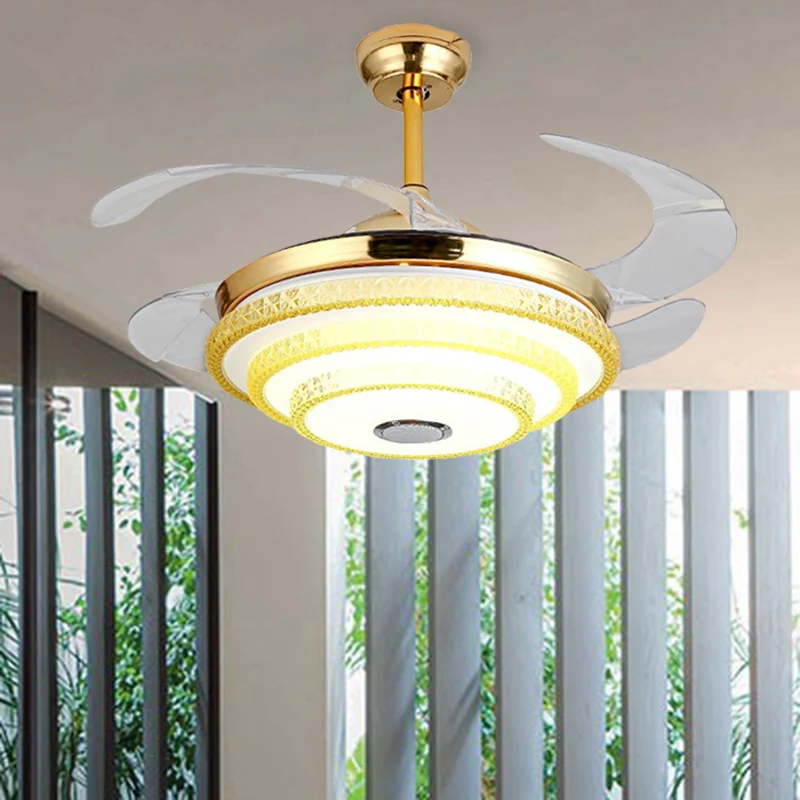 Ventilateur conique incrusté de cristal moderne LED doré semi-monté avec haut-parleur Bluetooth et télécommande/commande m...