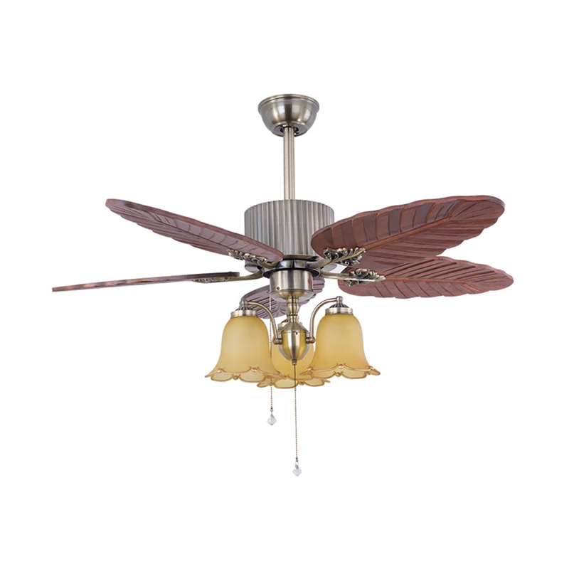 Ventilateur de plafond en bois argenté, éclairage feuille, 3 lumières, luminaire Semi-affleurant Vintage Clearhalo