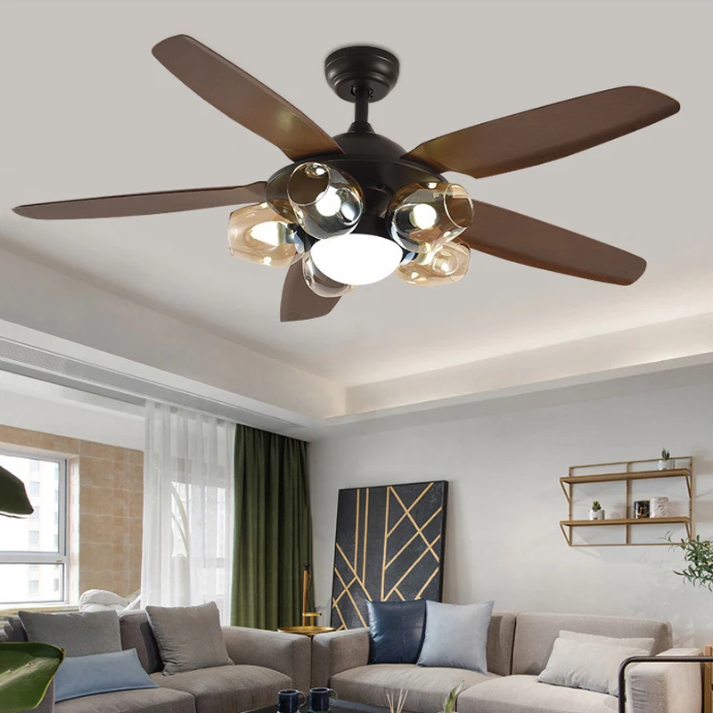 Ventilateur de plafond de cuisine à 5 lumières, luminaire semi-encastré traditionnel marron avec abat-jour en verre ambré...