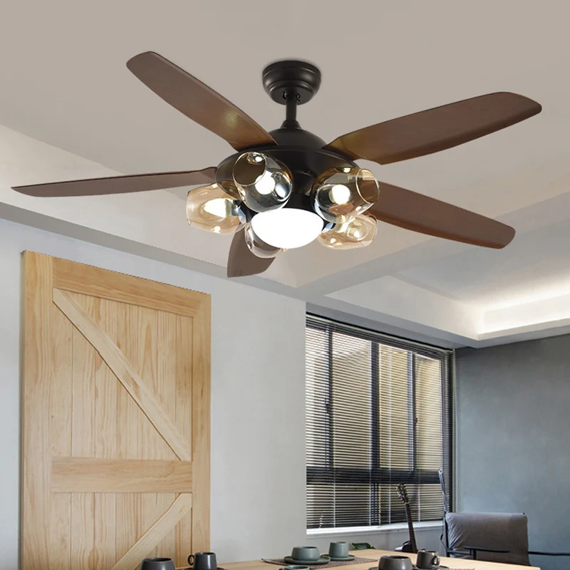 Ventilateur de plafond de cuisine à 5 lumières, luminaire semi-encastré traditionnel marron avec abat-jour en verre ambré...