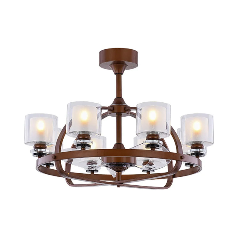 Ventilateur de plafond cylindrique à 8 têtes, éclairage Semi-affleurant traditionnel en métal marron pour chambre à couche...