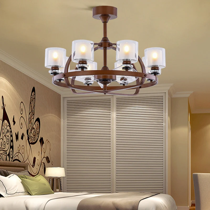 Ventilateur de plafond cylindrique à 8 têtes, éclairage Semi-affleurant traditionnel en métal marron pour chambre à couche...