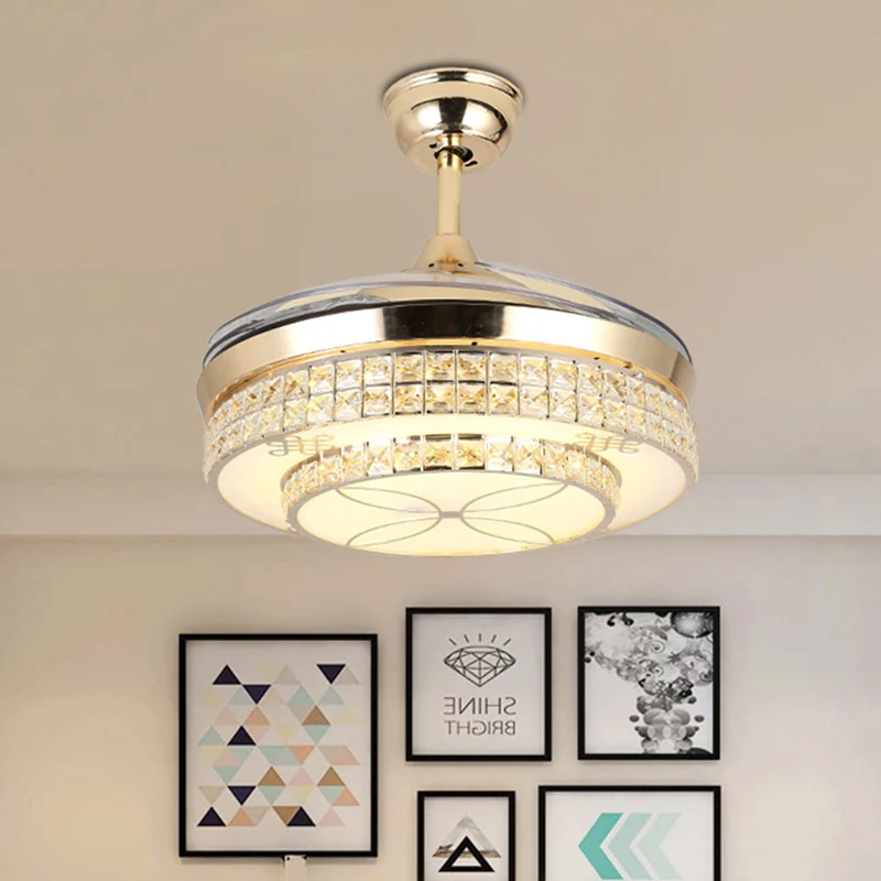 Ventilateur de plafond LED doré de 19,5 pouces de large, luminaire semi-encastré moderne à niveaux incrustés de cristal av...
