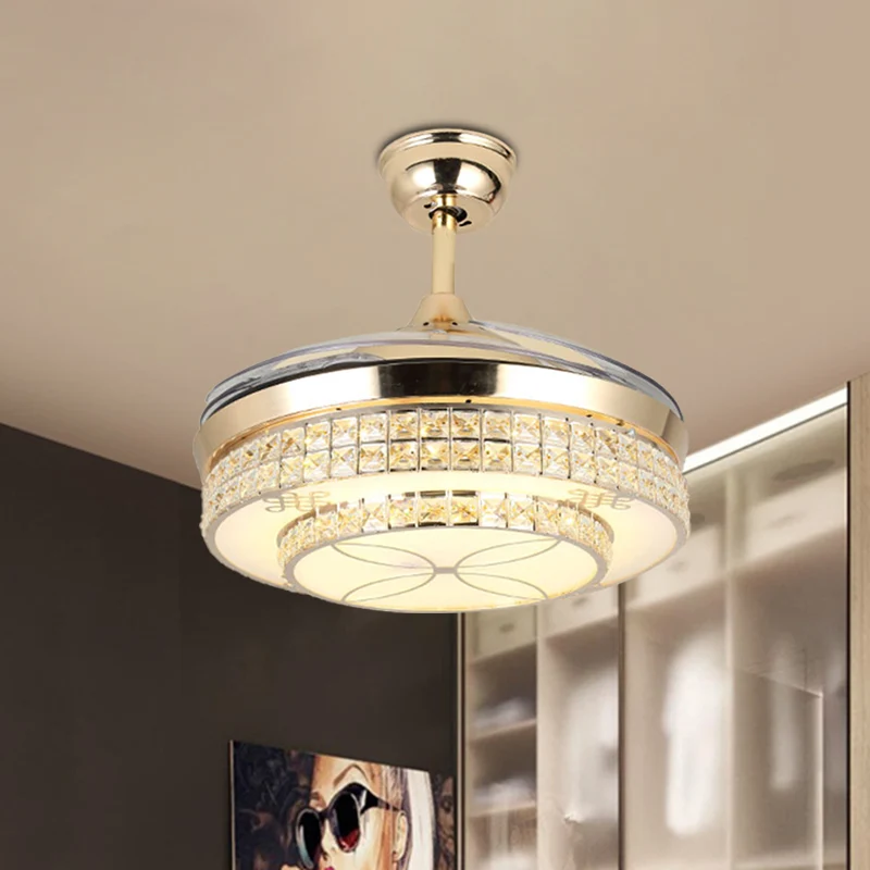Ventilateur de plafond LED doré de 19,5 pouces de large, luminaire semi-encastré moderne à niveaux incrustés de cristal av...