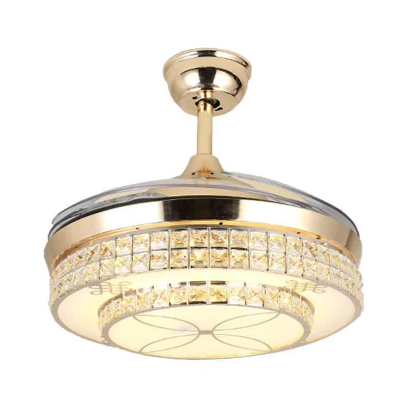 Ventilateur de plafond LED doré de 19,5 pouces de large, luminaire semi-encastré moderne à niveaux incrustés de cristal av...