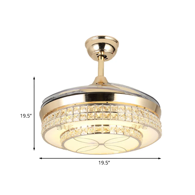 Ventilateur de plafond LED doré de 19,5 pouces de large, luminaire semi-encastré moderne à niveaux incrustés de cristal av...