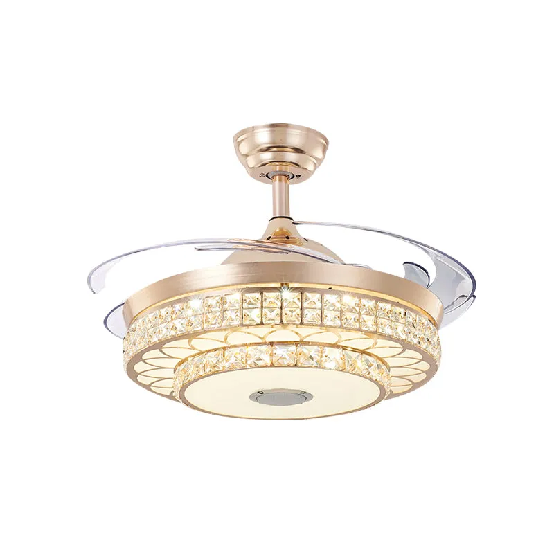 Ventilateur de plafond LED à 2 niveaux pour salon, cristal moderne, 3 pales, montage semi-encastré doré, 42,5" de large Cl...