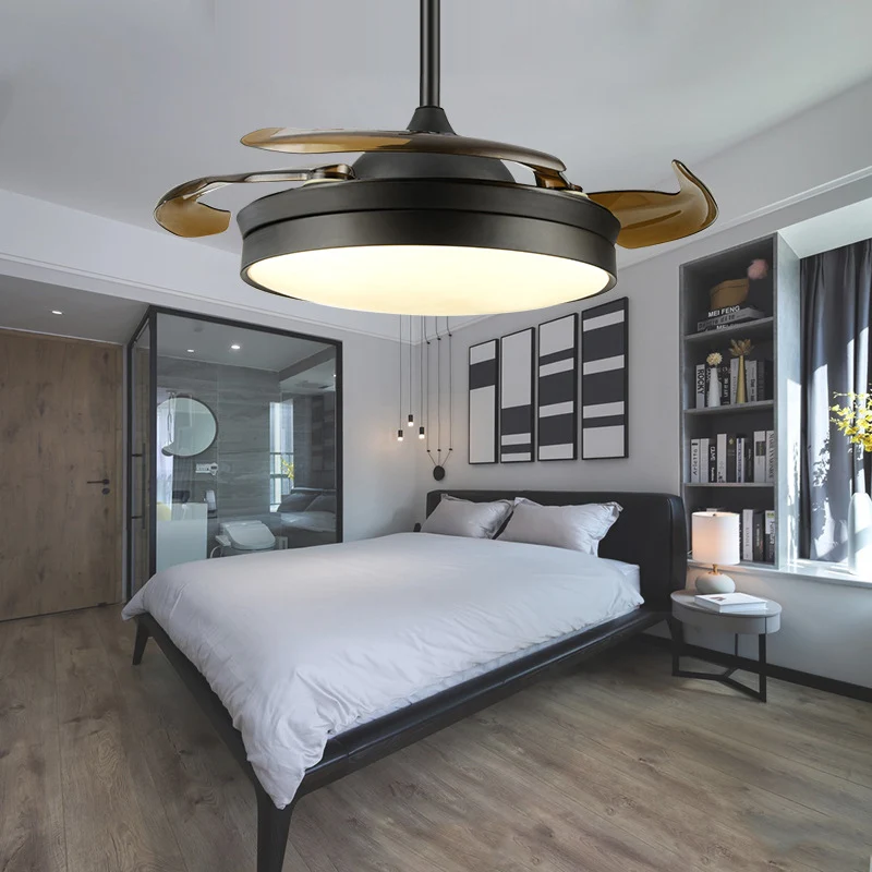 Ventilateur de plafond LED noir 16"/19,5" W, éclairage semi-encastré classique à tambour en acrylique, conversion de fréqu...