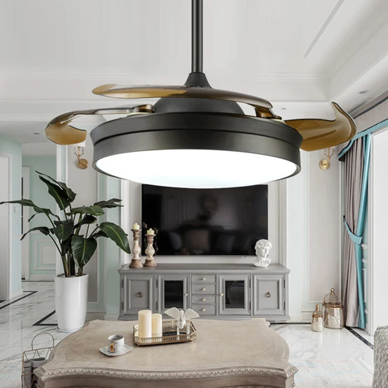 Ventilateur de plafond LED noir 16"/19,5" W, éclairage semi-encastré classique à tambour en acrylique, conversion de fréqu...