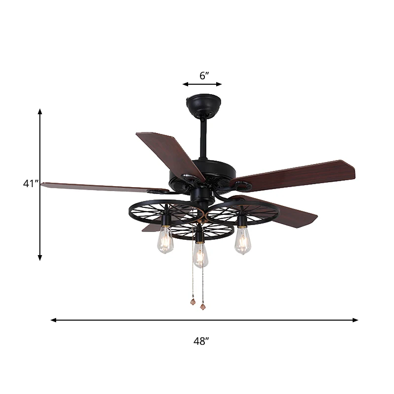 Ventilateur de plafond à 3 lumières en métal rétro industriel semi-affleurant en noir avec 5 pales Clearhalo