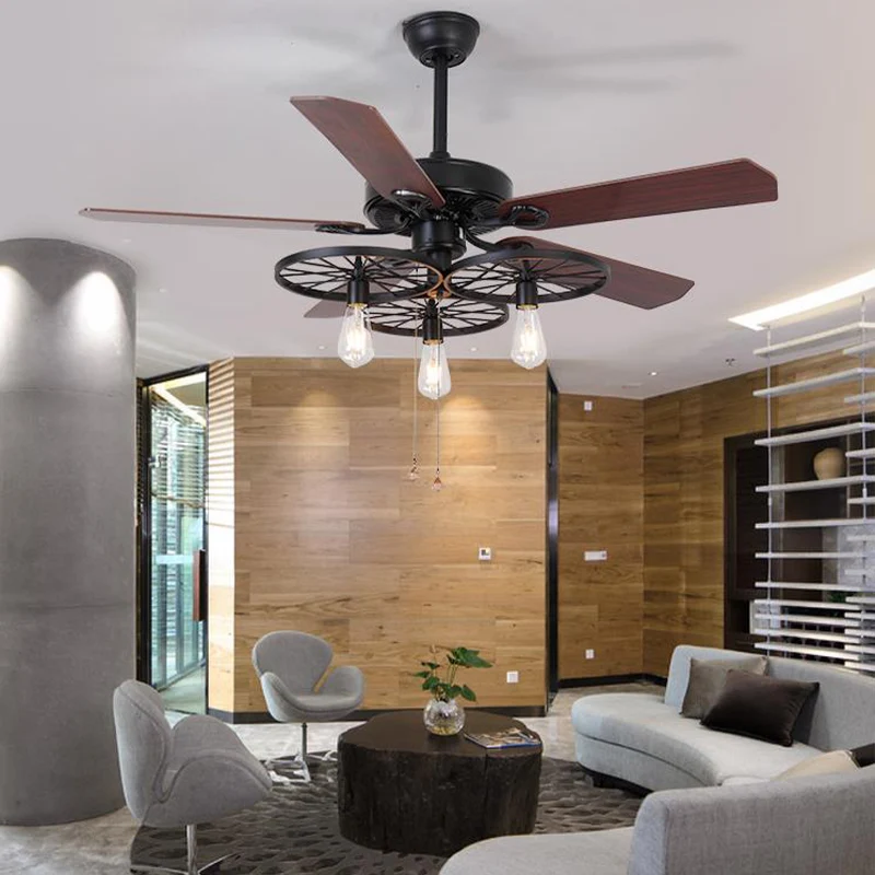 Ventilateur de plafond à 3 lumières en métal rétro industriel semi-affleurant en noir avec 5 pales Clearhalo