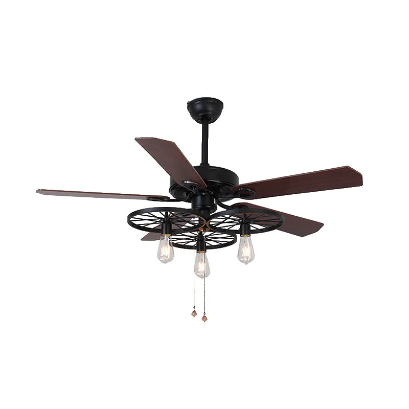 Ventilateur de plafond à 3 lumières en métal rétro industriel semi-affleurant en noir avec 5 pales Clearhalo