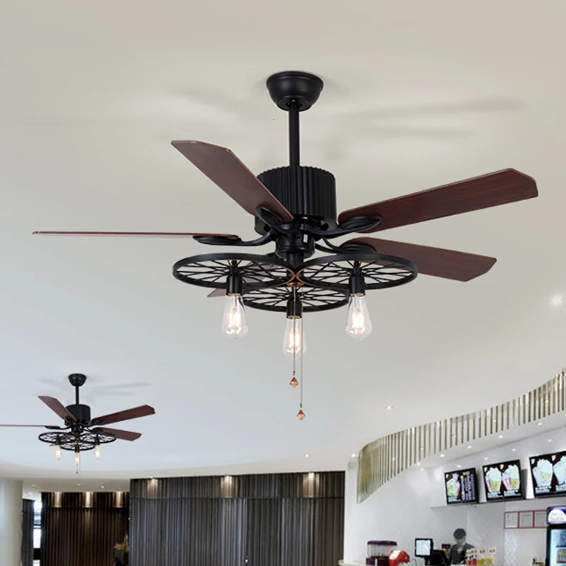 Ventilateur de plafond à 3 lumières en métal rétro industriel semi-affleurant en noir avec 5 pales Clearhalo